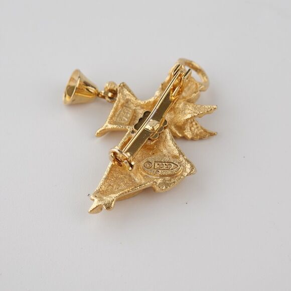 Vintage Gold Tone Cherub Angel Ringing Bell Brooch Pin - Picture 8 of 16